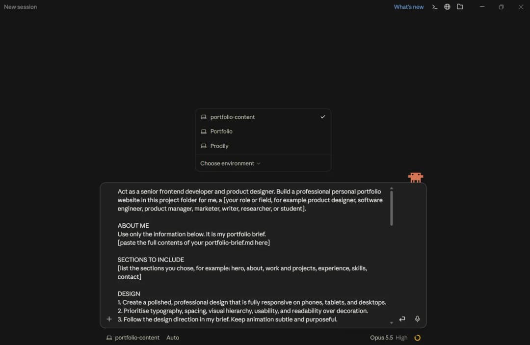 A new Claude Code session in the Claude desktop app: the portfolio-content folder is selected in the project picker, and a portfolio-building prompt is pasted into the message box before sending.
