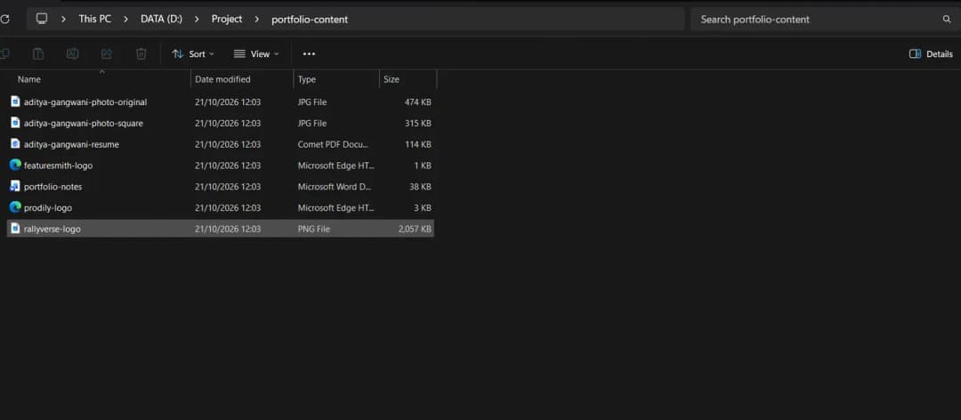 A folder named portfolio-content open in File Explorer, holding clearly named photos, a resume PDF, project logos, and a notes document.