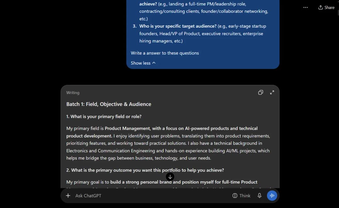 A second AI chat where the interview questions are pasted in with a request to draft answers, and the assistant replies with a first draft to review.