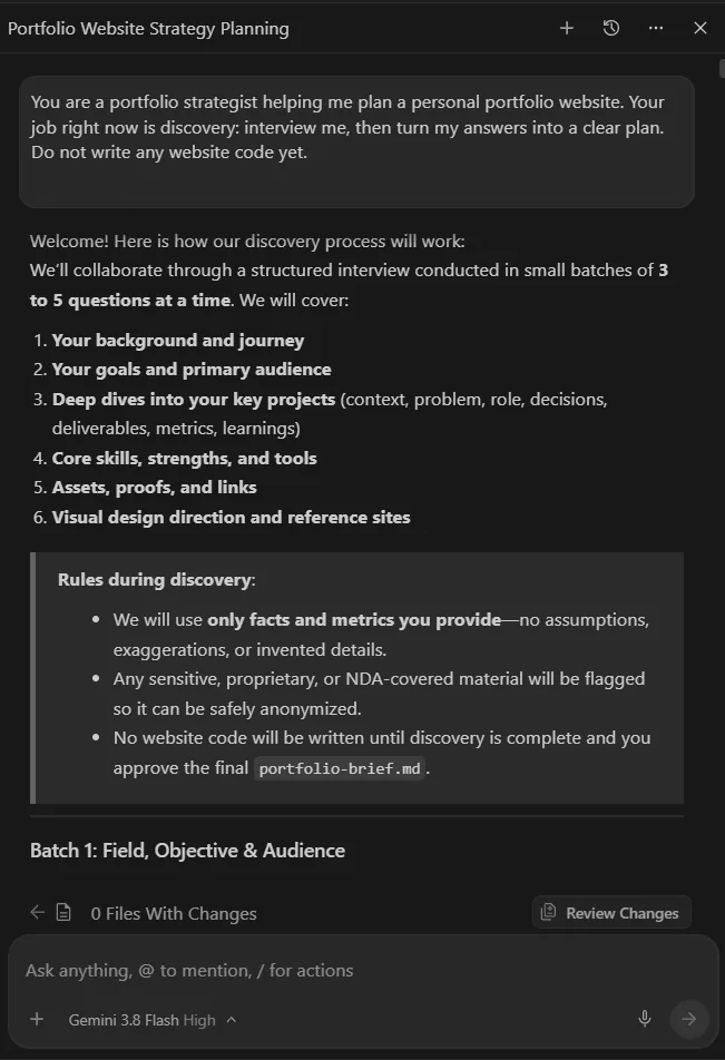 An AI chat panel after the discovery prompt is pasted in: the assistant lists the topics it will cover, its rules, and starts the first batch of questions.