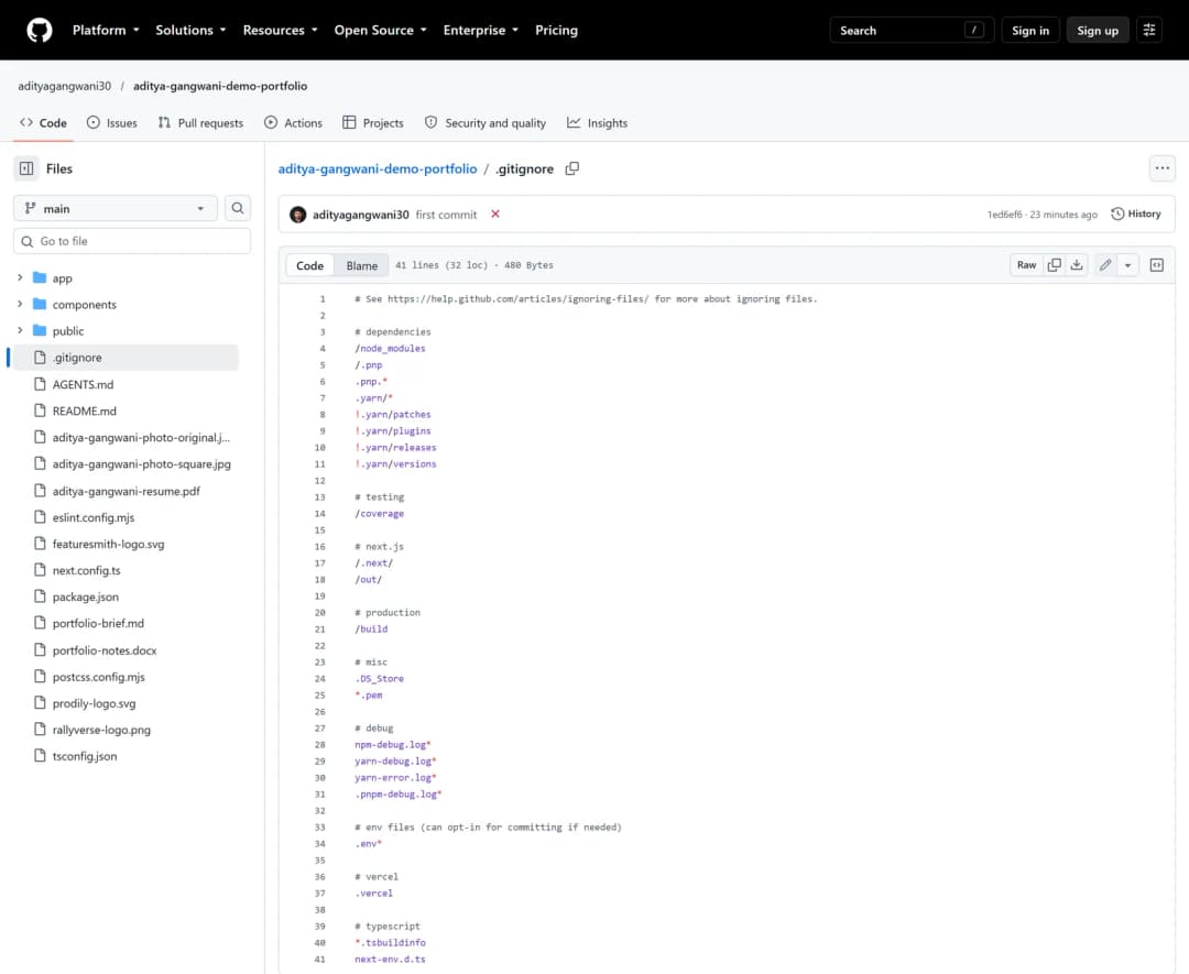 A .gitignore file open on GitHub, listing what Git should never upload, including node_modules, build output, and .env files.