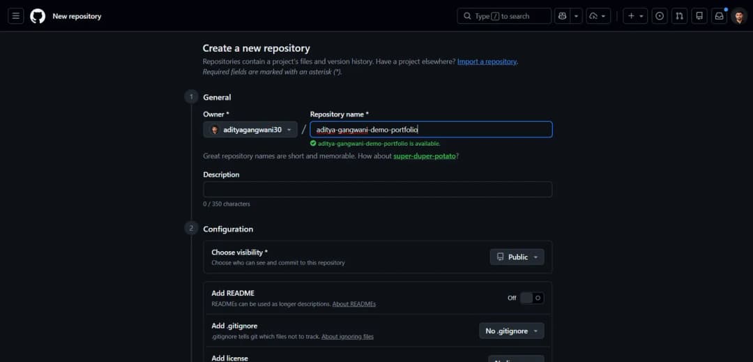 GitHub’s Create a new repository form with a repository name filled in, a green note that the name is available, and visibility set to Public.