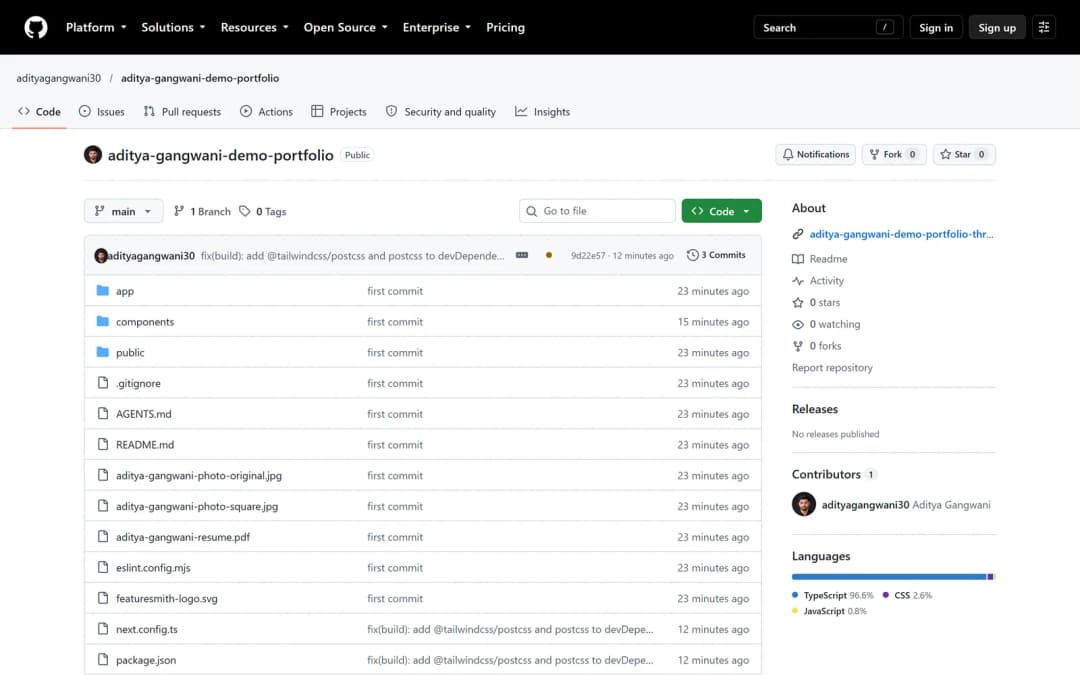 A public GitHub repository after the project is pushed, listing the project’s folders and files with their latest commit messages.