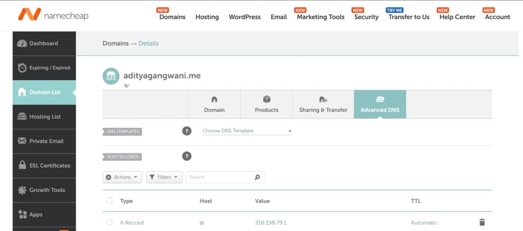 A domain’s Advanced DNS tab at Namecheap, showing the Host Records section with Type, Host, and Value columns.