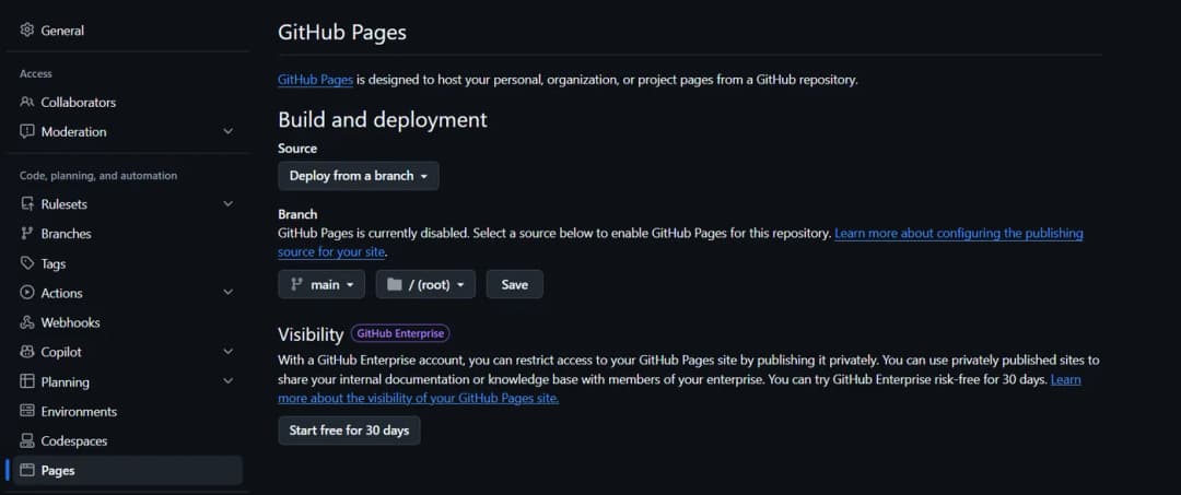 The GitHub Pages settings of a repository, with Source set to Deploy from a branch and the main branch and root folder selected next to a Save button.