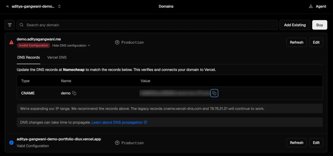 Vercel’s Domains page for a newly added subdomain marked Invalid Configuration, with the DNS record to add at the domain provider: type CNAME, name demo, and a value with a copy button.
