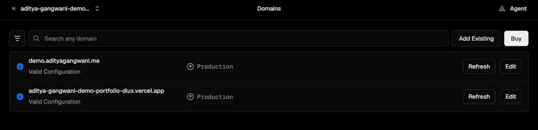 Vercel’s Domains page after DNS has updated, with both the custom subdomain and the vercel.app address marked Valid Configuration.