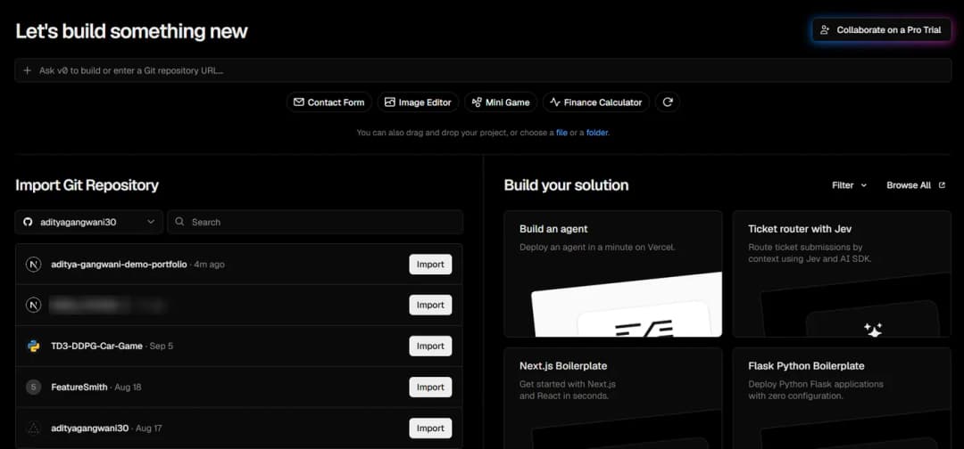 Vercel’s new project page with the Import Git Repository list, showing a connected GitHub account and an Import button next to each repository.