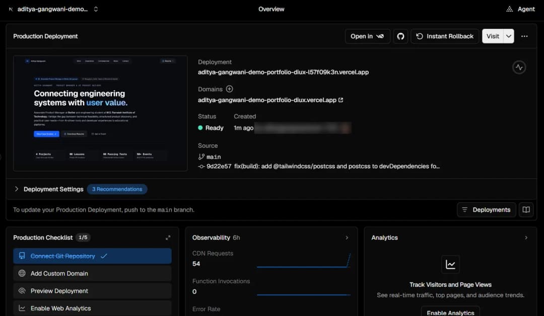 A Vercel project overview after a successful deploy: a preview of the live site, a free vercel.app domain, and the status Ready.