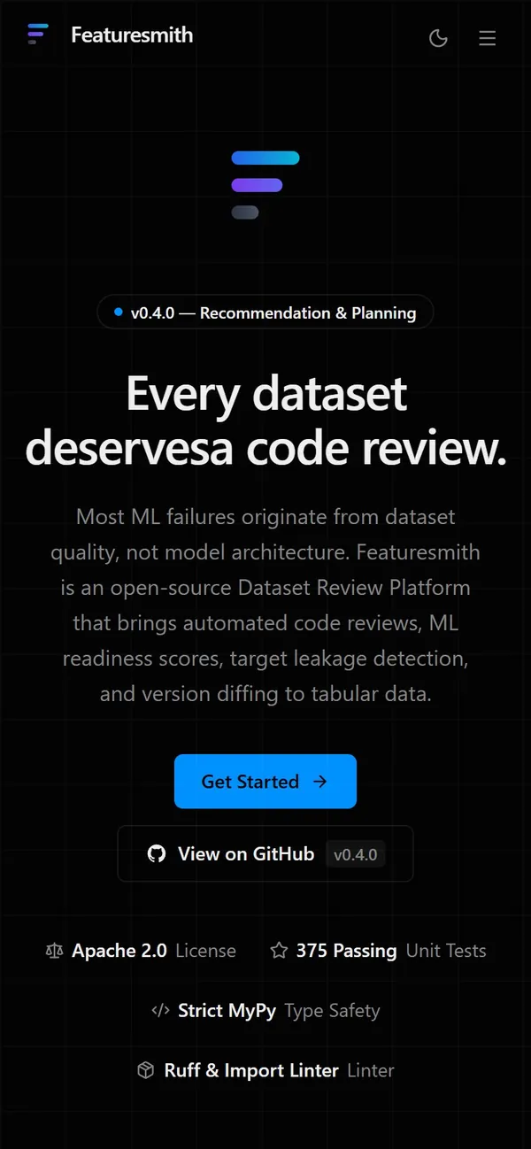 Home page of FeatureSmith on a phone