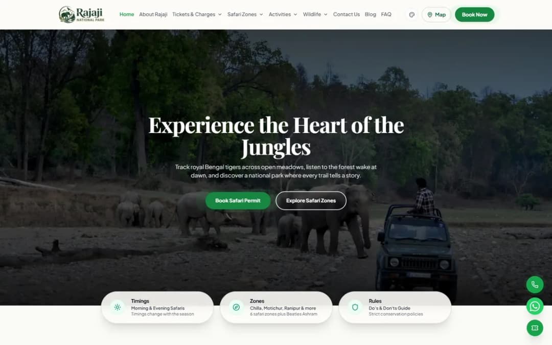 Home page of Rajaji National Park Safari on a laptop