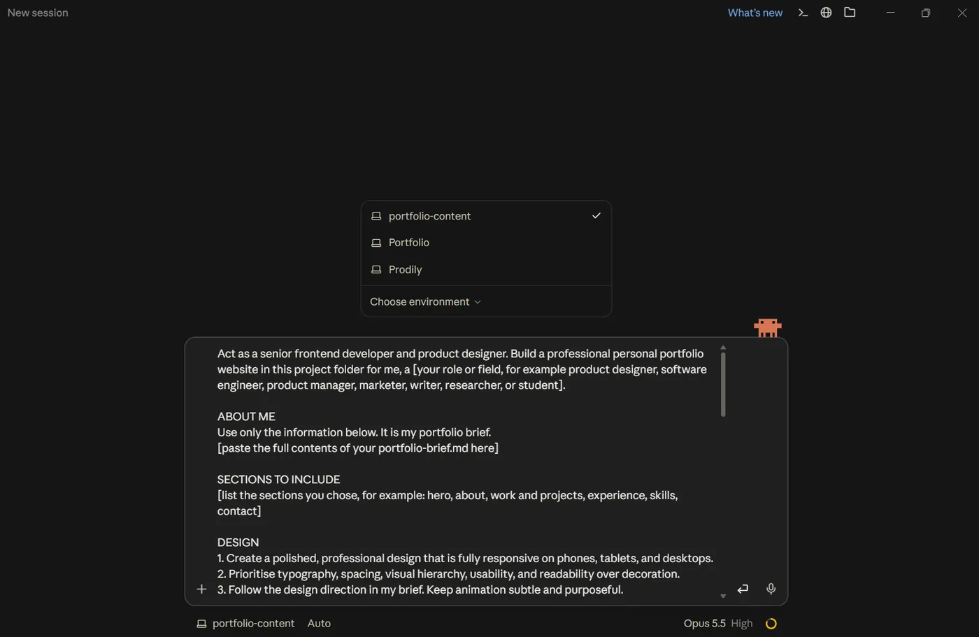 A new Claude Code session in the Claude desktop app: the portfolio-content folder is selected in the project picker, and a portfolio-building prompt is pasted into the message box before sending.