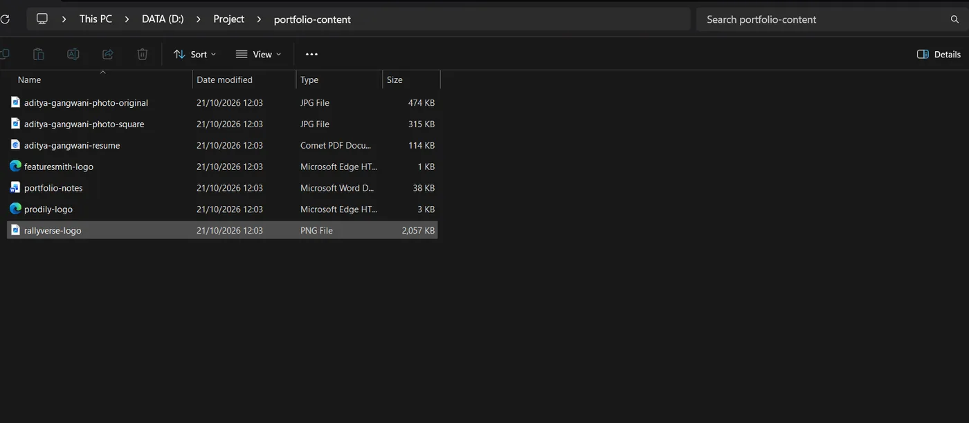 A folder named portfolio-content open in File Explorer, holding clearly named photos, a resume PDF, project logos, and a notes document.