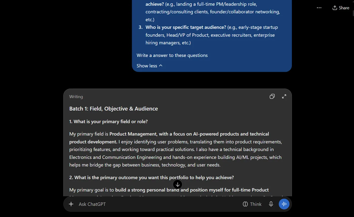 A second AI chat where the interview questions are pasted in with a request to draft answers, and the assistant replies with a first draft to review.