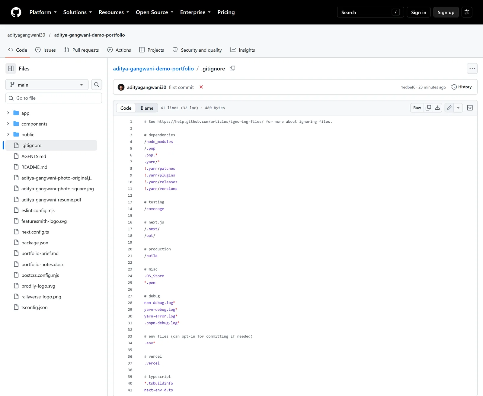 A .gitignore file open on GitHub, listing what Git should never upload, including node_modules, build output, and .env files.