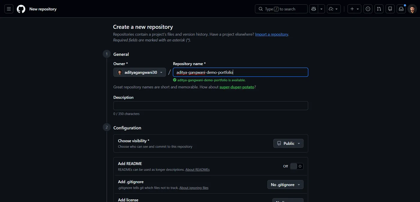 GitHub’s Create a new repository form with a repository name filled in, a green note that the name is available, and visibility set to Public.