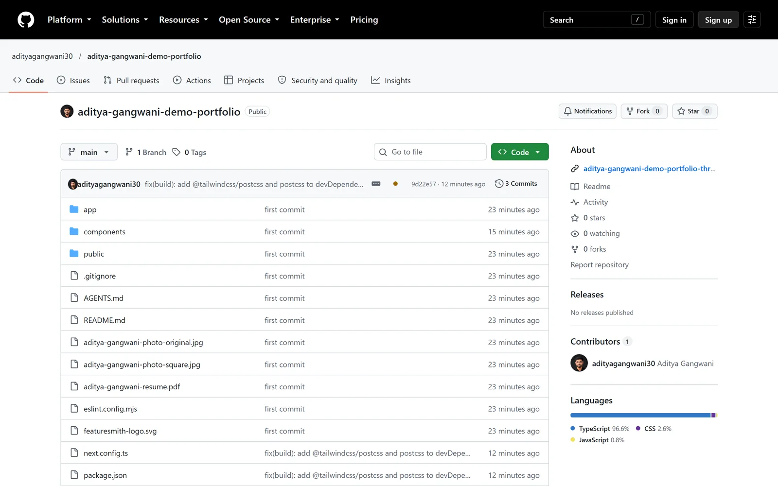 A public GitHub repository after the project is pushed, listing the project’s folders and files with their latest commit messages.