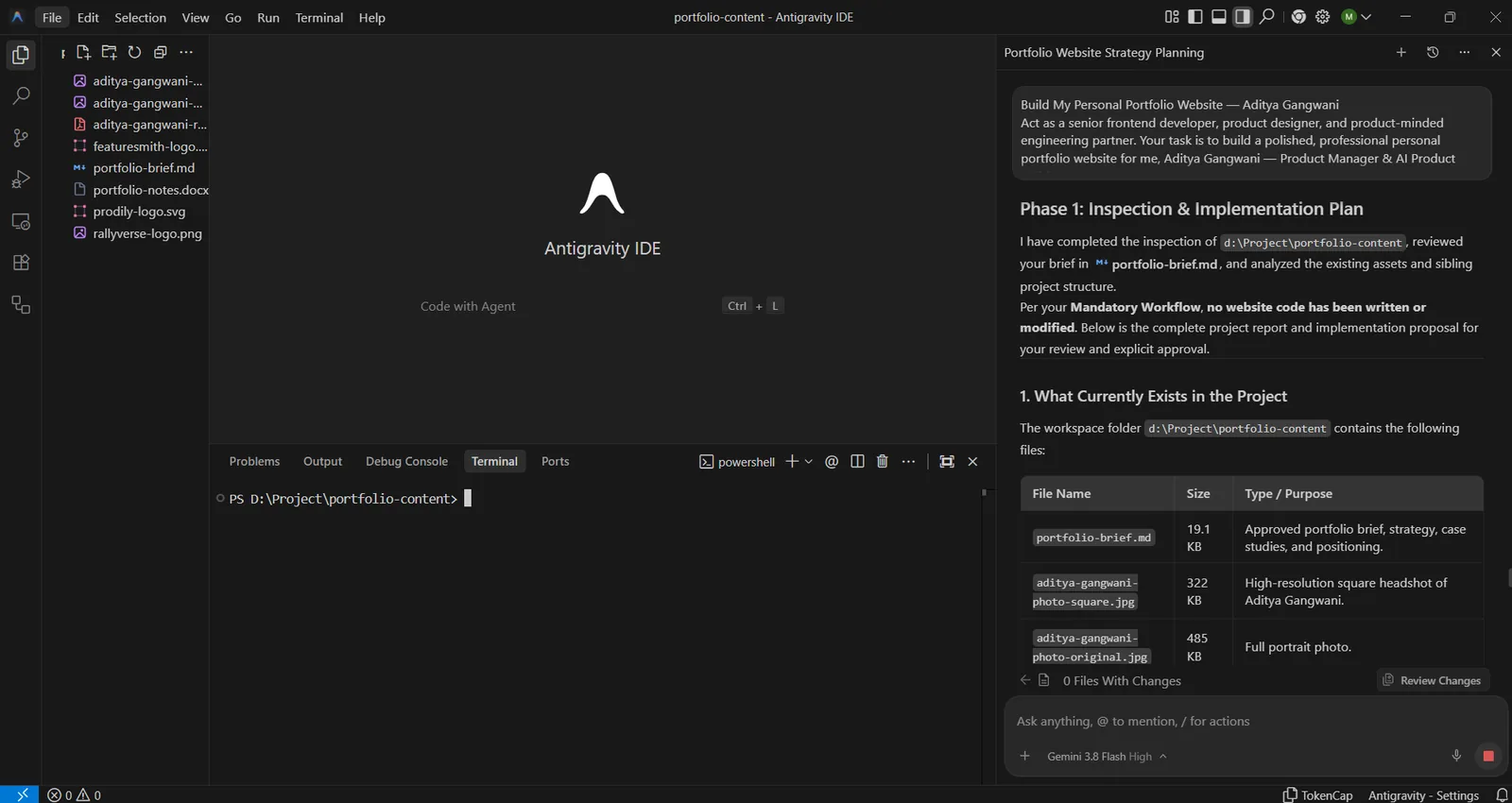 A coding agent in Antigravity IDE with the project folder open: the master prompt is pasted into the agent panel, and the agent replies with an inspection report and plan before writing any code.