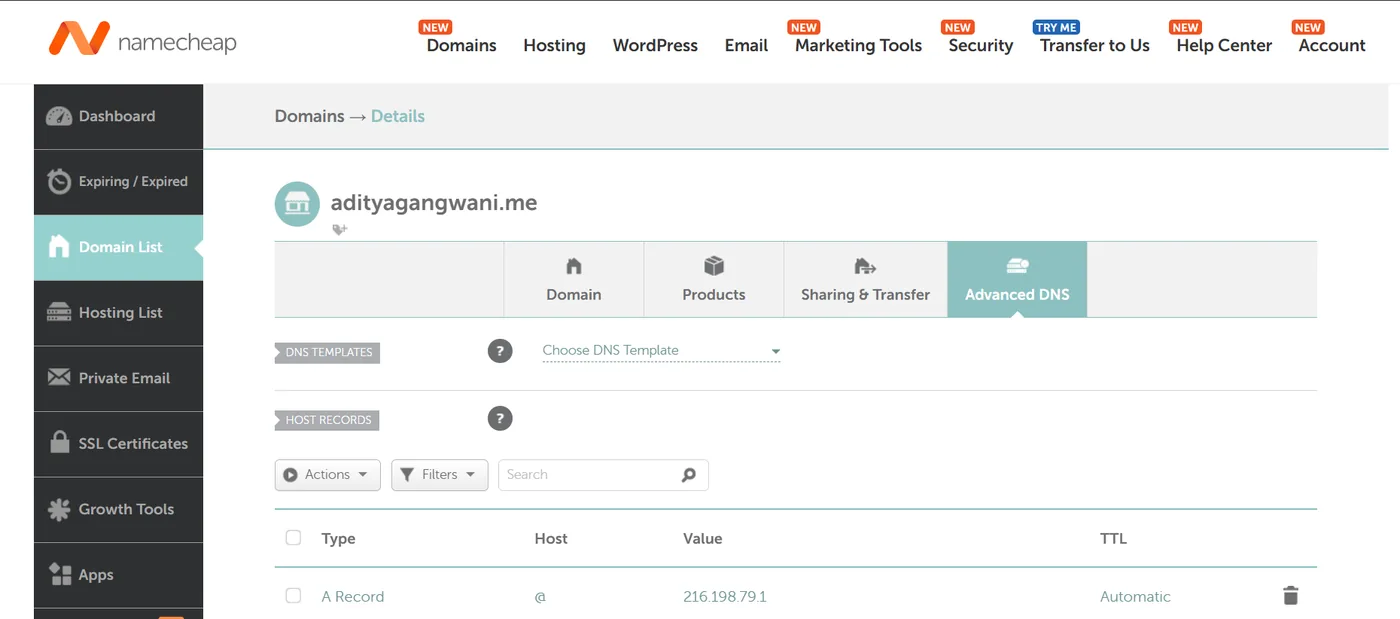 A domain’s Advanced DNS tab at Namecheap, showing the Host Records section with Type, Host, and Value columns.