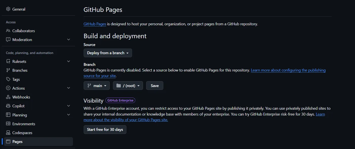 The GitHub Pages settings of a repository, with Source set to Deploy from a branch and the main branch and root folder selected next to a Save button.