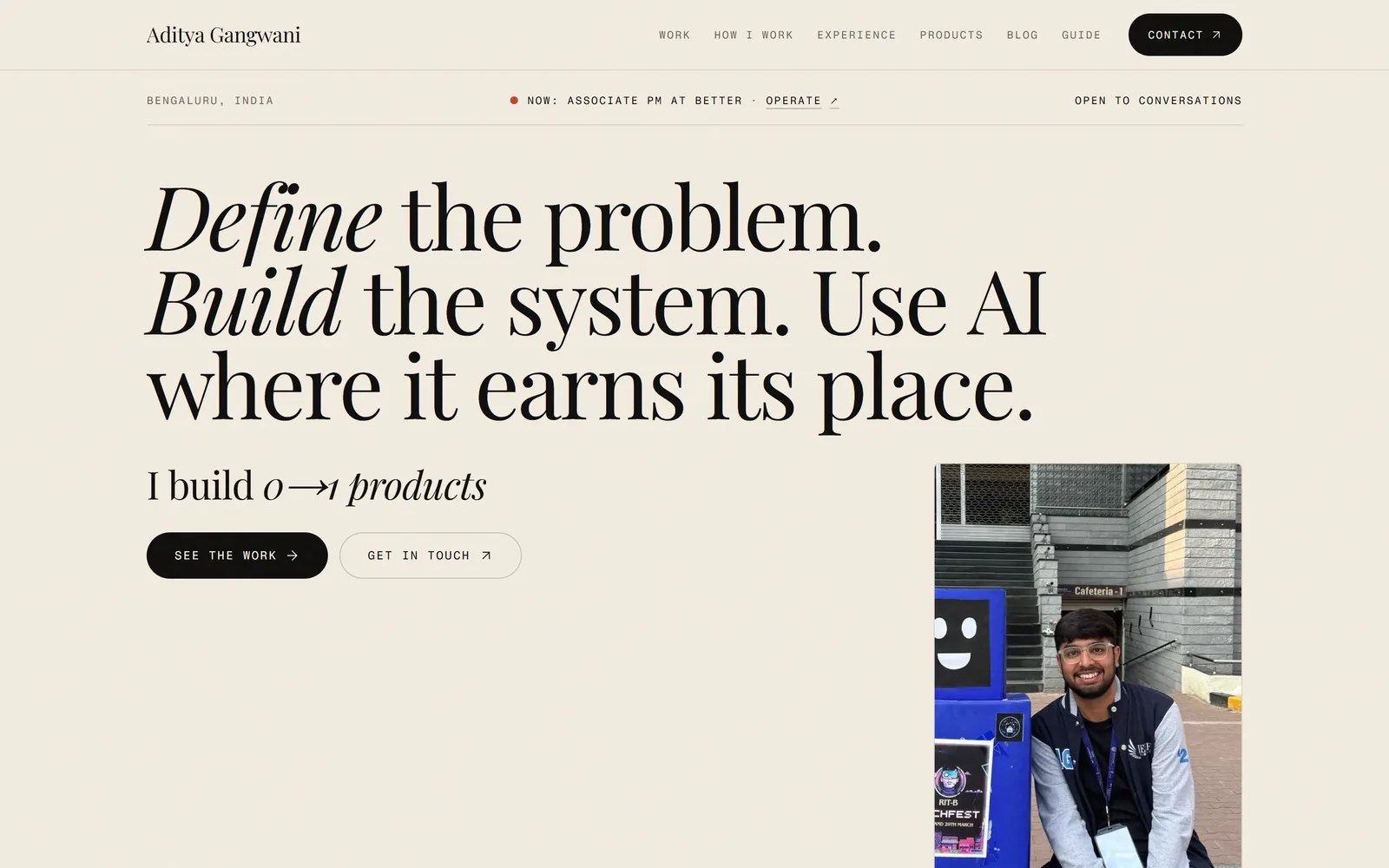 The home page of adityagangwani.me on a laptop: a name and navigation links across the top, a large headline, two buttons, and a photo.