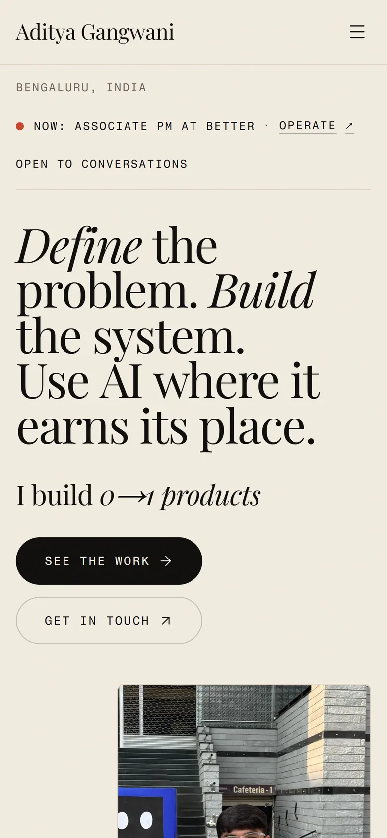 The same home page on a phone: the navigation folds into a menu button, the headline wraps onto more lines, and the two buttons stack.