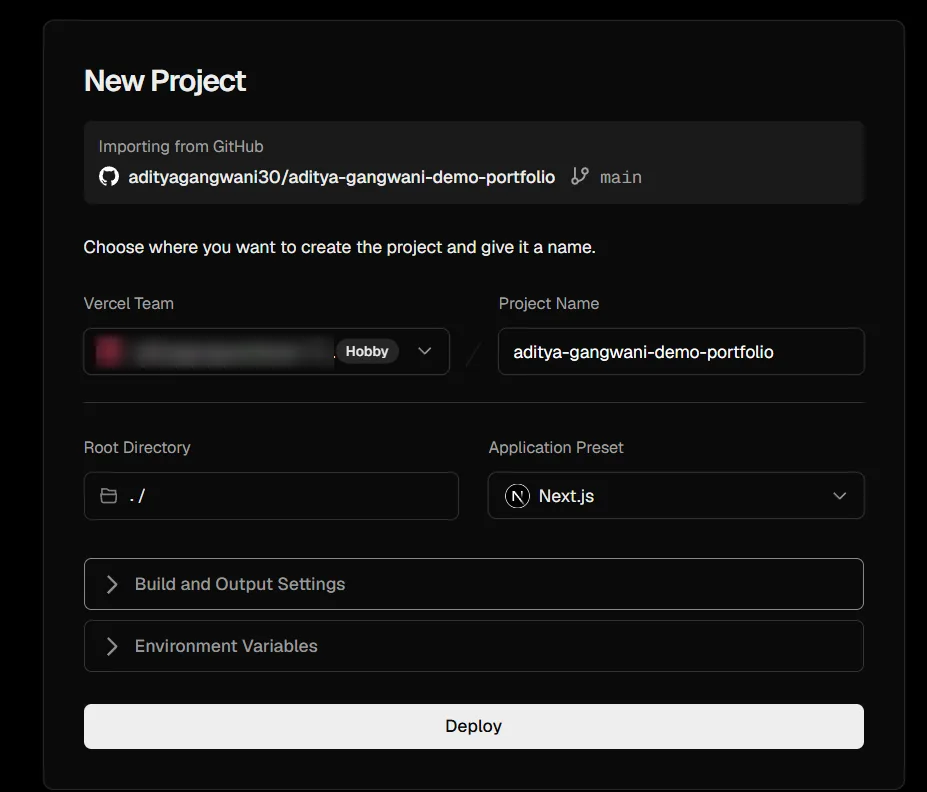 Vercel’s New Project screen before the first deploy, showing the GitHub repository and branch being imported, the project name, the Next.js preset, and a Deploy button.