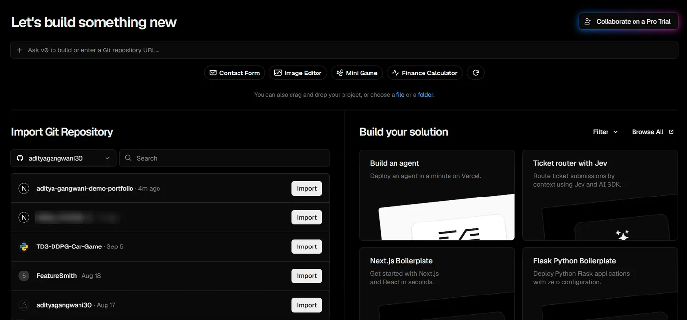 Vercel’s new project page with the Import Git Repository list, showing a connected GitHub account and an Import button next to each repository.