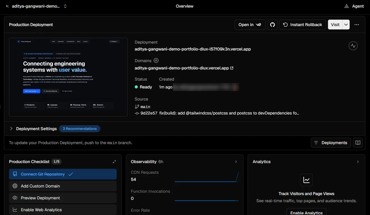 A Vercel project overview after a successful deploy: a preview of the live site, a free vercel.app domain, and the status Ready.